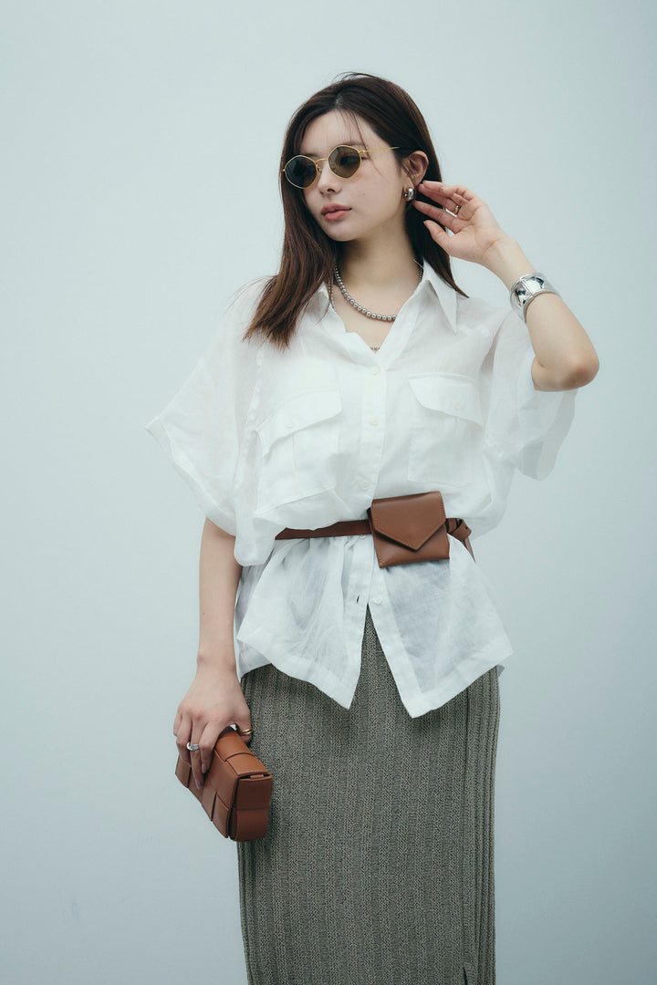 [予約/SET]リネンサファリリラックスシャツ+ストライプ編みニットスカート(2set)