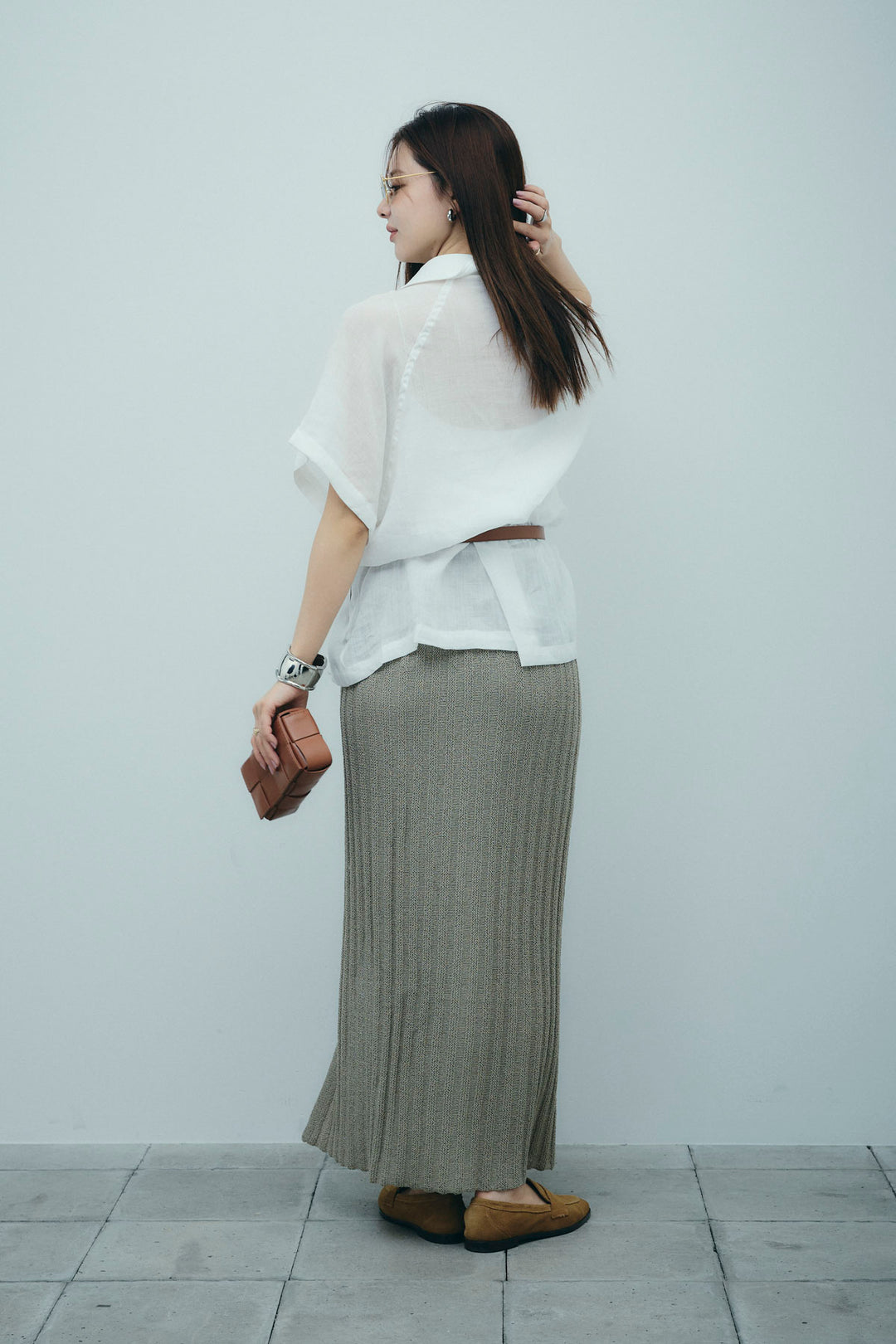 [予約/SET]リネンサファリリラックスシャツ+ストライプ編みニットスカート(2set)