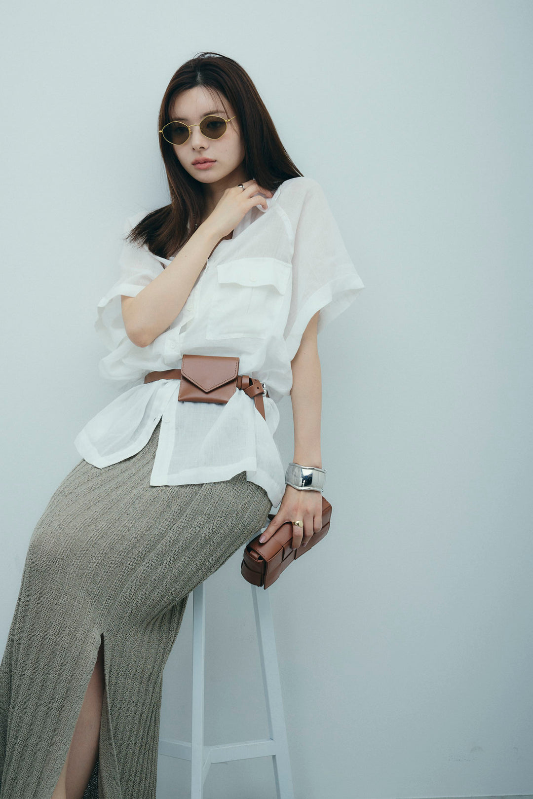 [予約/SET]リネンサファリリラックスシャツ+ストライプ編みニットスカート(2set)