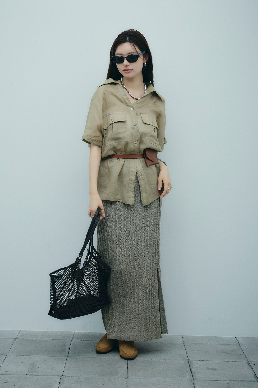 [予約/SET]リネンサファリリラックスシャツ+ストライプ編みニットスカート(2set)