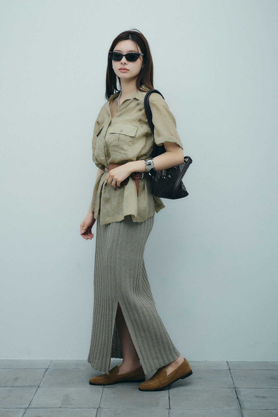 [予約/SET]リネンサファリリラックスシャツ+ストライプ編みニットスカート(2set)