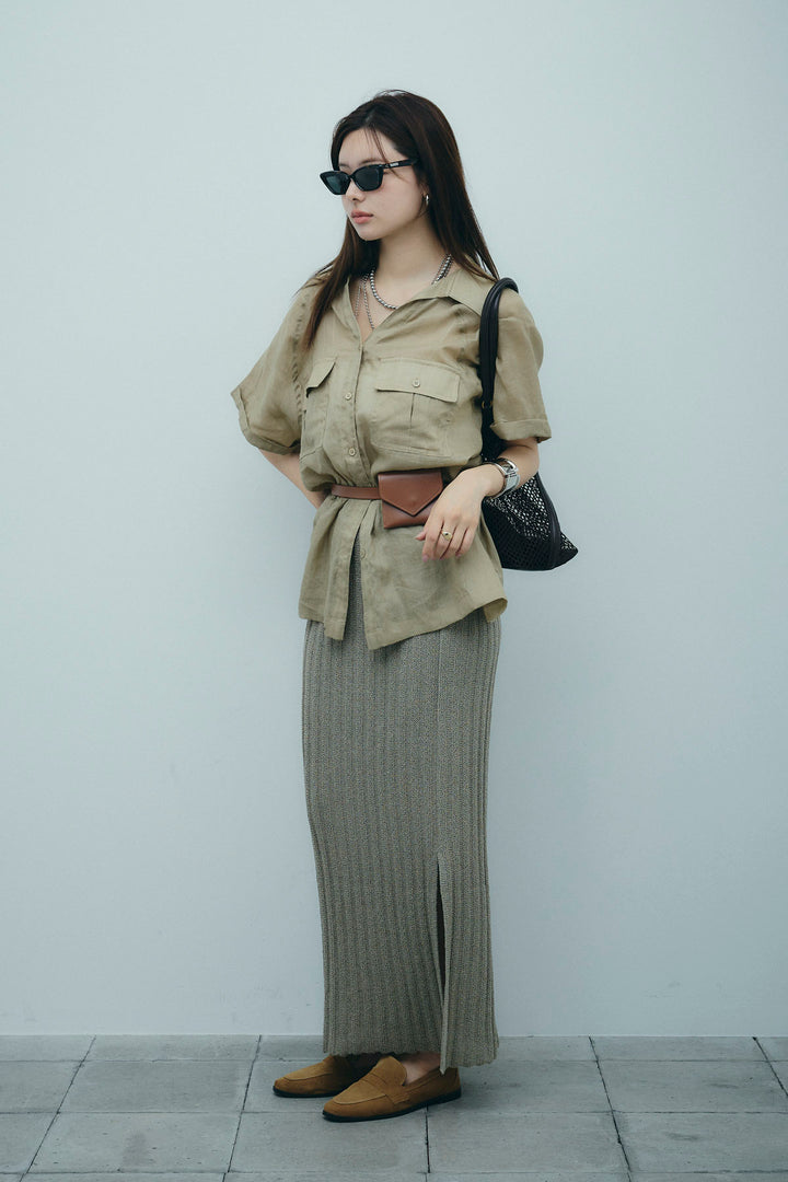 [予約/SET]リネンサファリリラックスシャツ+ストライプ編みニットスカート(2set)