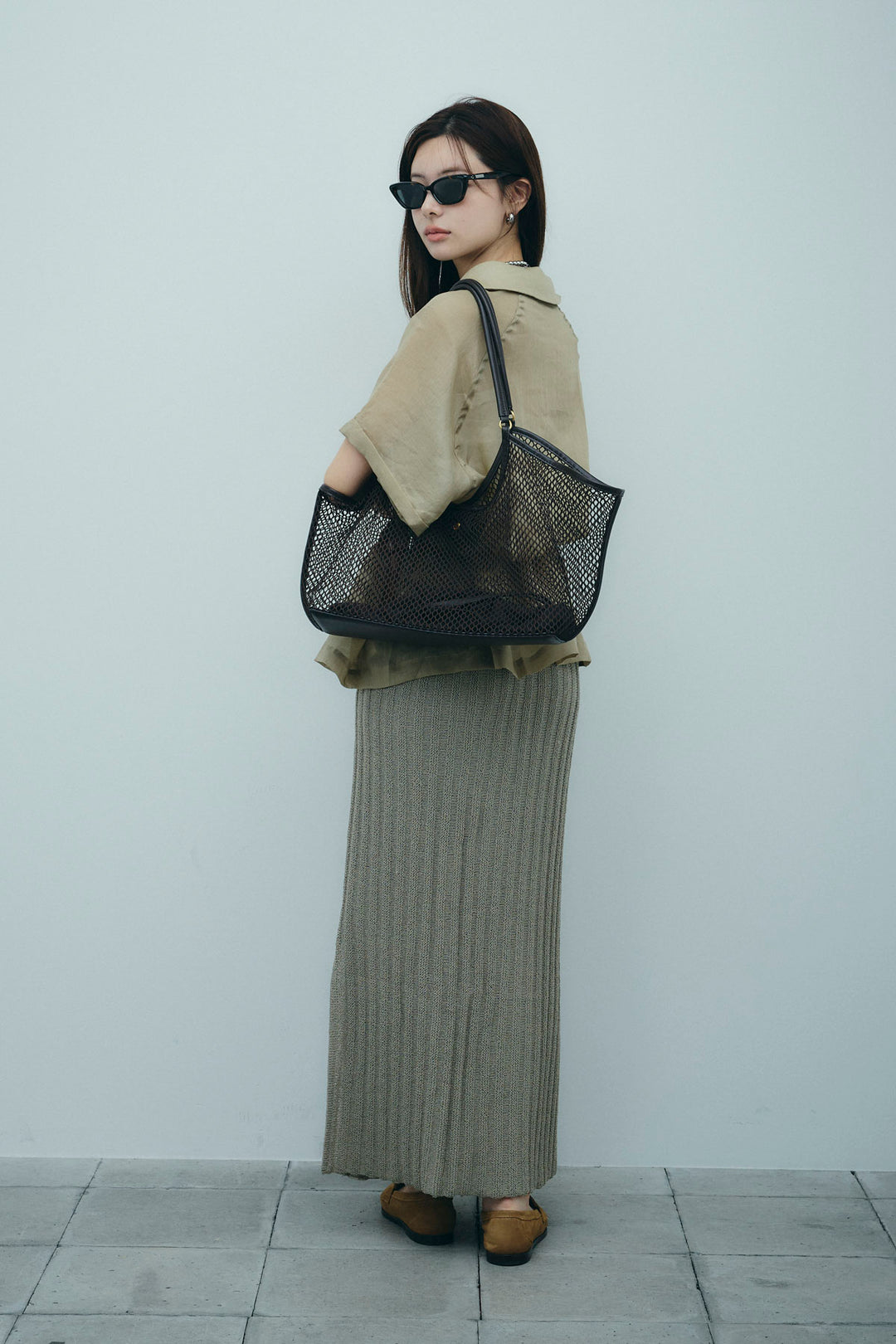 [予約/SET]リネンサファリリラックスシャツ+ストライプ編みニットスカート(2set)