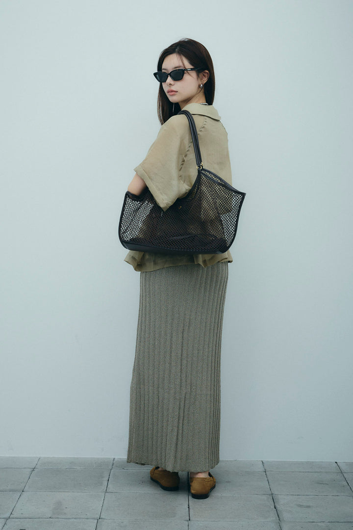 [予約/SET]リネンサファリリラックスシャツ+ストライプ編みニットスカート(2set)