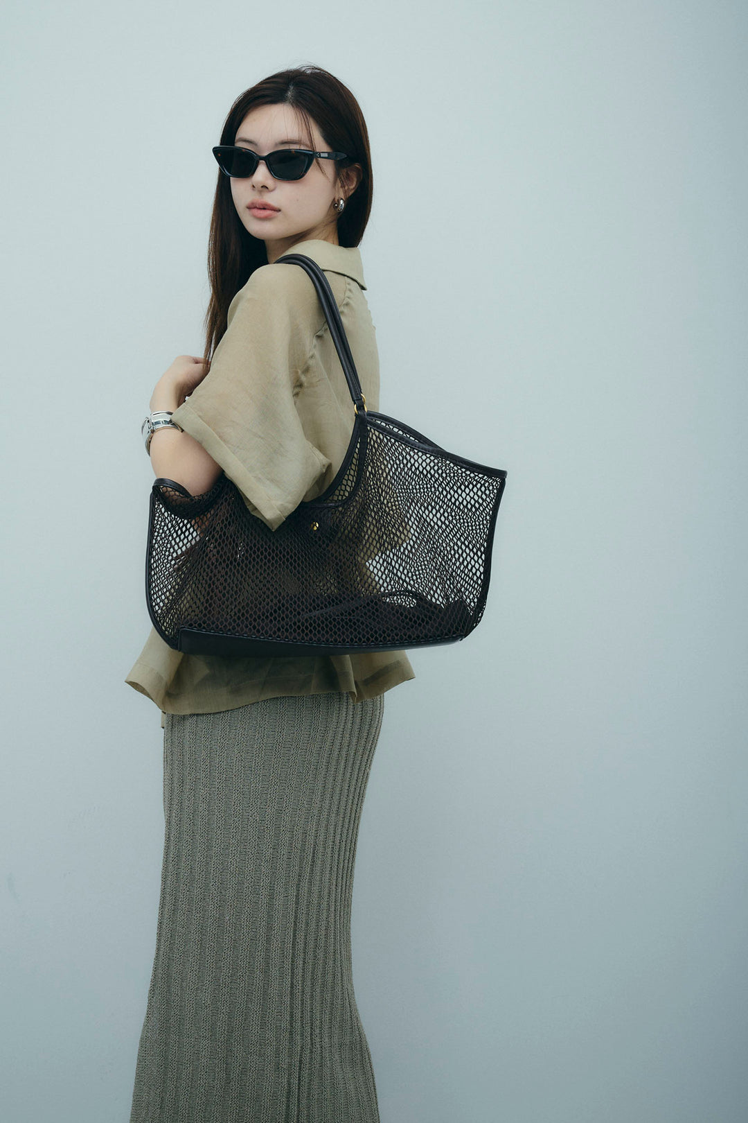 [予約/SET]リネンサファリリラックスシャツ+ストライプ編みニットスカート(2set)