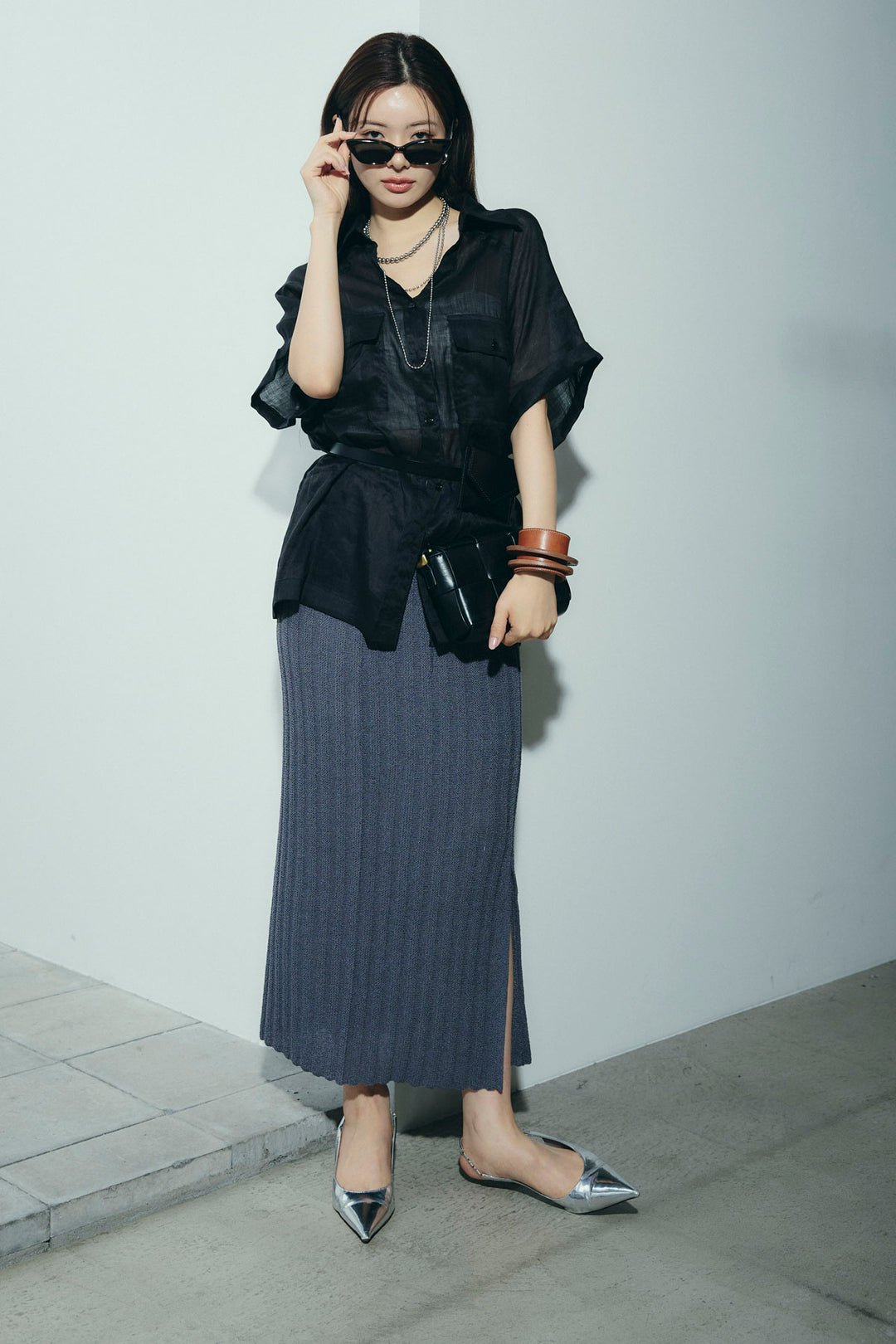 [予約/SET]リネンサファリリラックスシャツ+ストライプ編みニットスカート(2set)