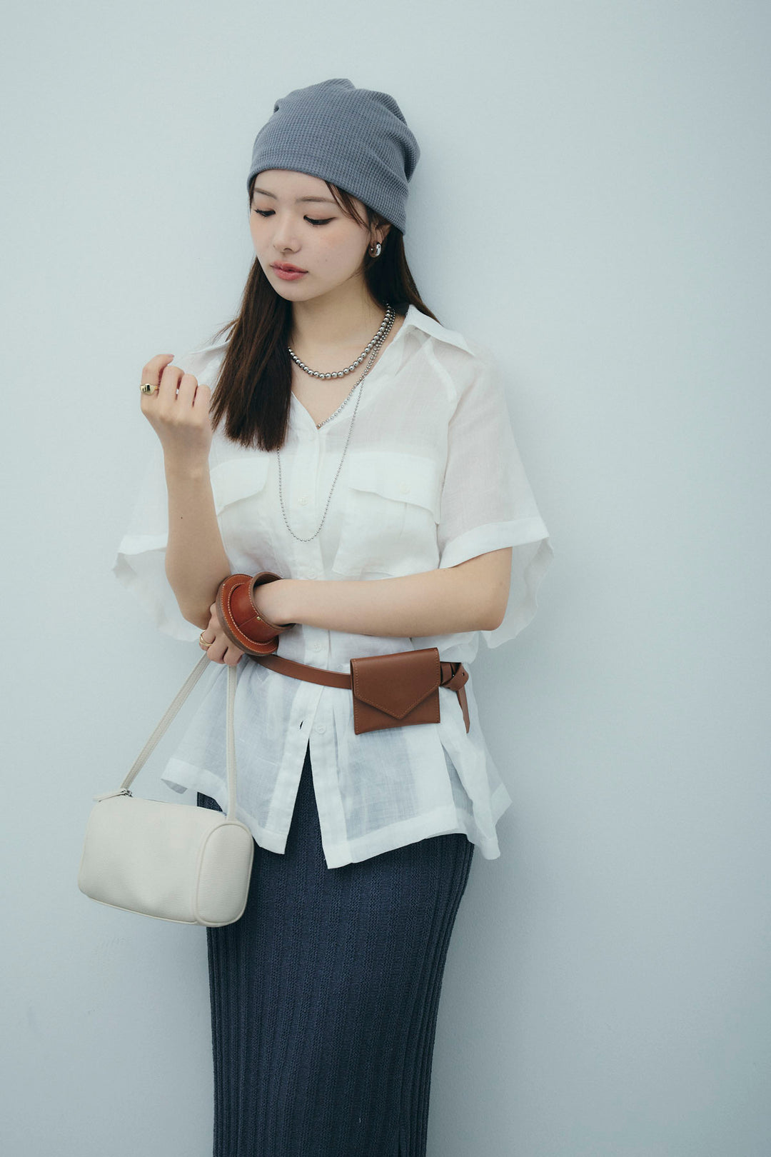 [予約/SET]リネンサファリリラックスシャツ+ストライプ編みニットスカート(2set)