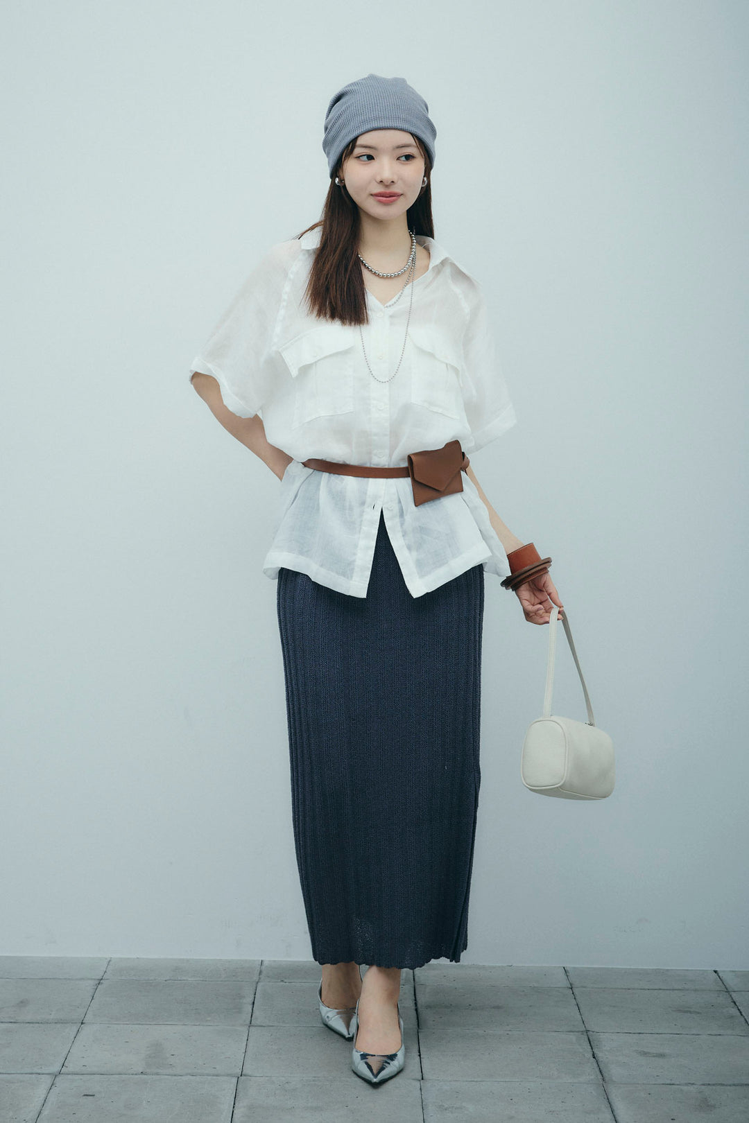 [予約/SET]リネンサファリリラックスシャツ+ストライプ編みニットスカート(2set)