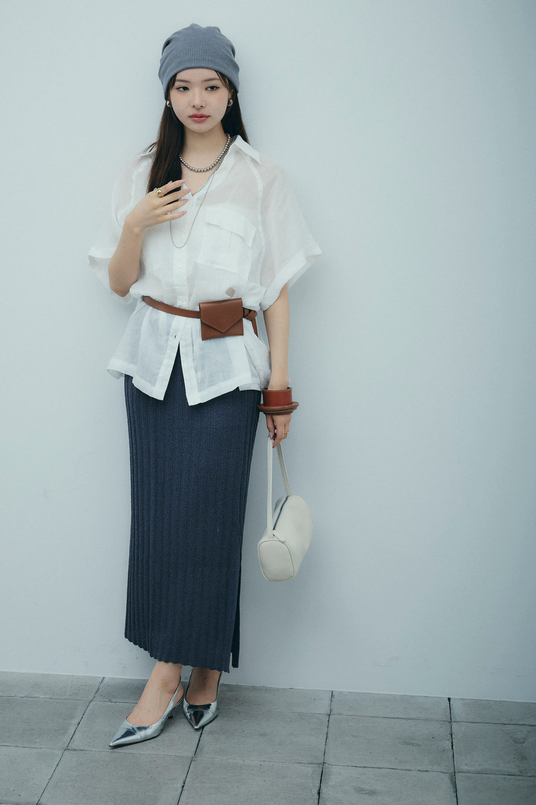 [予約/SET]リネンサファリリラックスシャツ+ストライプ編みニットスカート(2set)