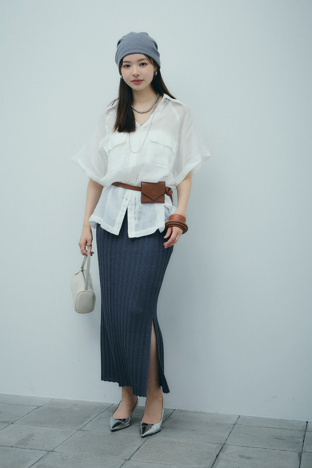 [予約/SET]リネンサファリリラックスシャツ+ストライプ編みニットスカート(2set)