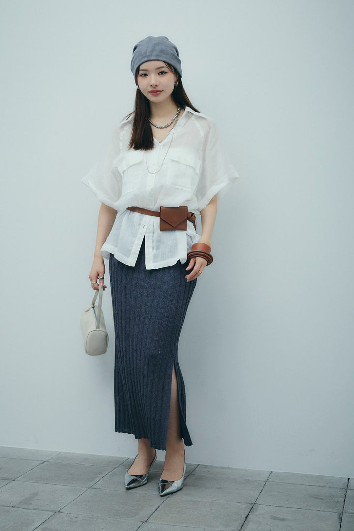 [予約/SET]リネンサファリリラックスシャツ+ストライプ編みニットスカート(2set)