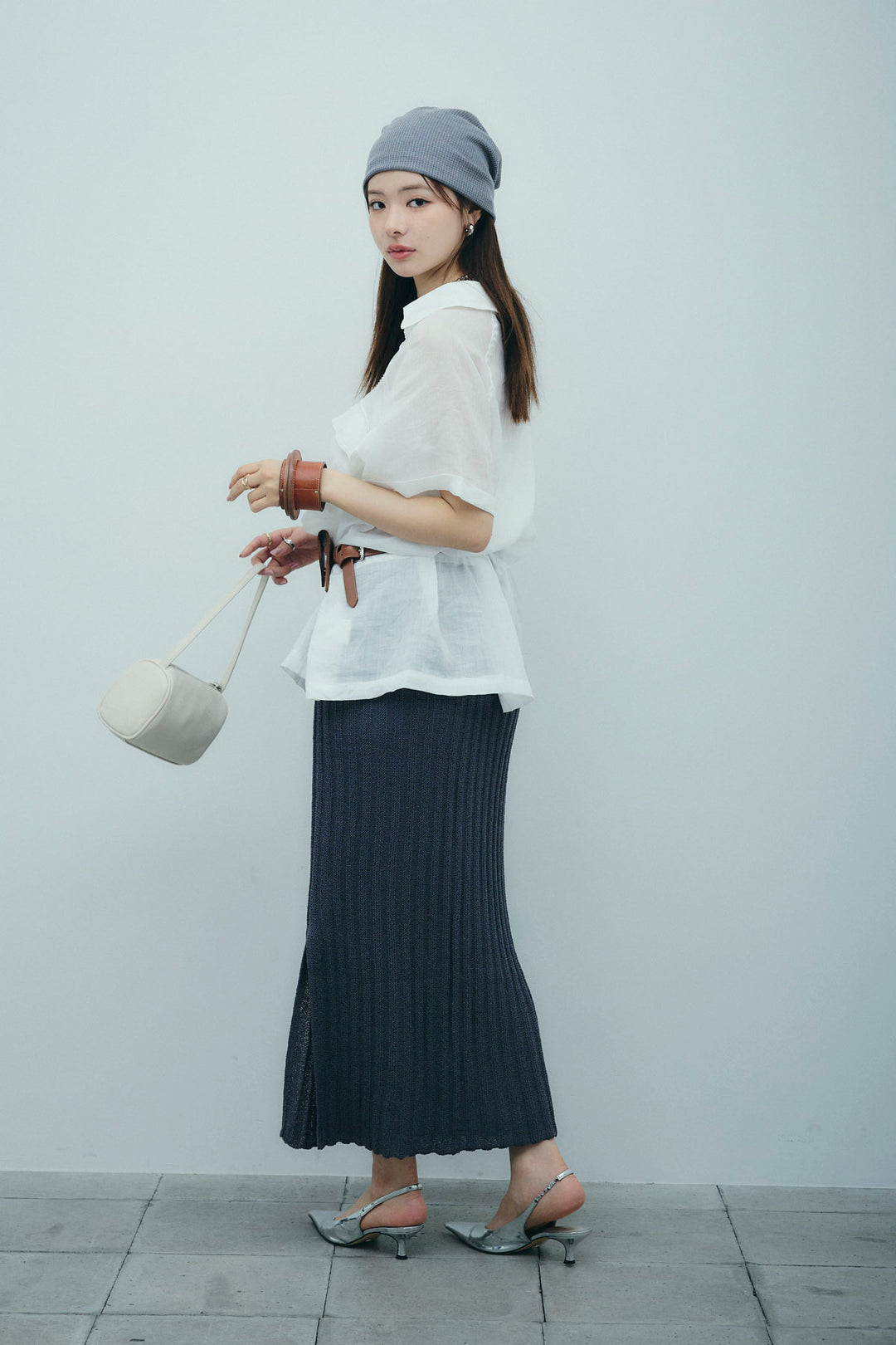 [予約/SET]リネンサファリリラックスシャツ+ストライプ編みニットスカート(2set)