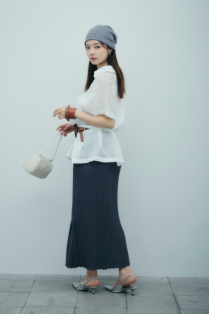 [予約/SET]リネンサファリリラックスシャツ+ストライプ編みニットスカート(2set)