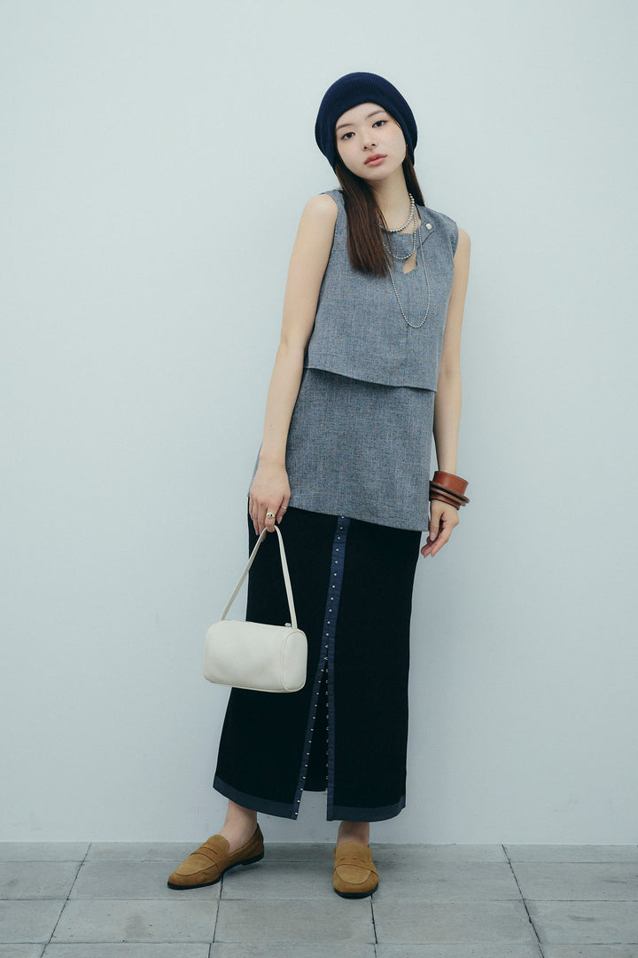 [予約/SET]レイヤード風ノースリーブブラウス+リネンタッチ配色ホックスカート(2set)