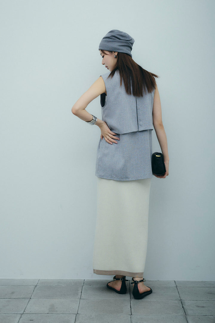 [予約/SET]レイヤード風ノースリーブブラウス+リネンタッチ配色ホックスカート(2set)