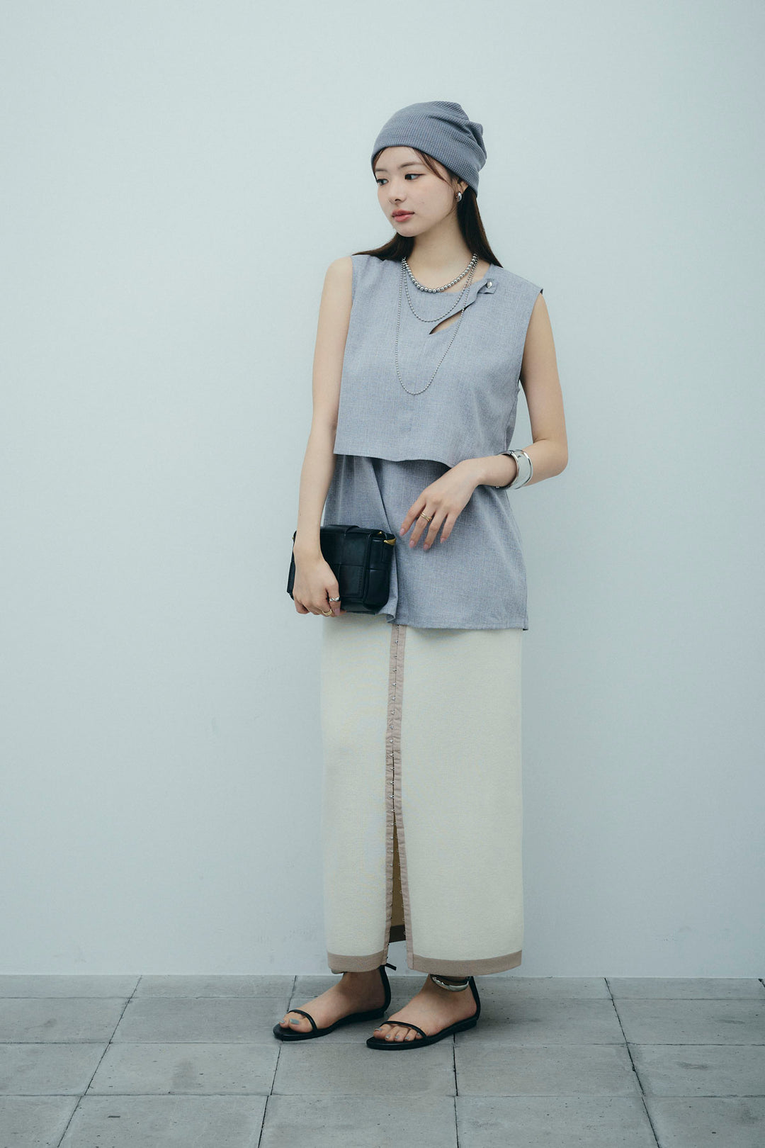 [予約/SET]レイヤード風ノースリーブブラウス+リネンタッチ配色ホックスカート(2set)