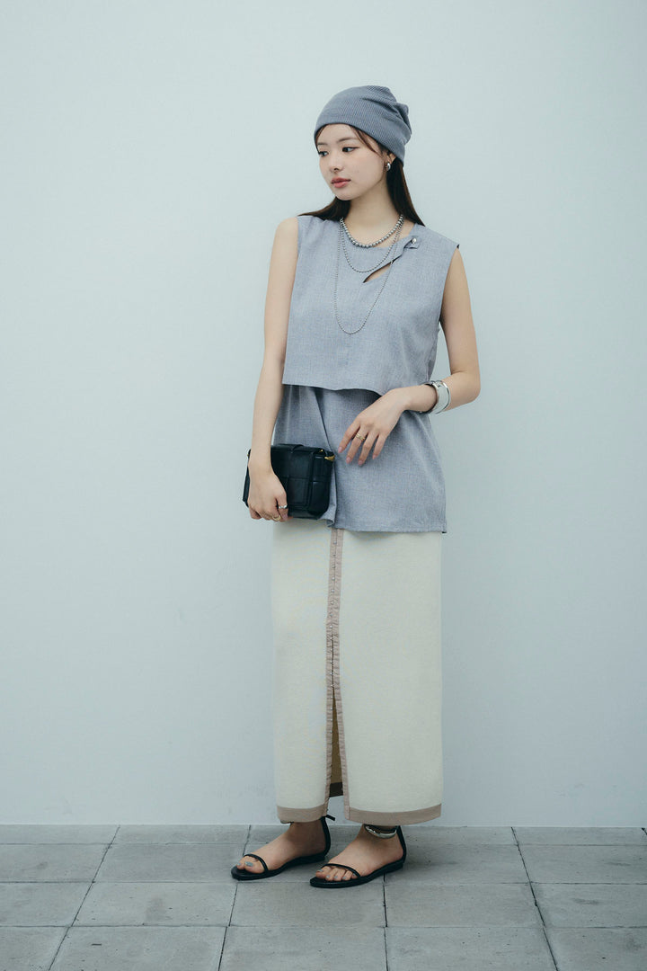 [予約/SET]レイヤード風ノースリーブブラウス+リネンタッチ配色ホックスカート(2set)