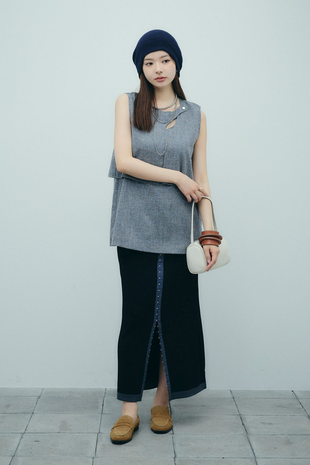 [予約/SET]レイヤード風ノースリーブブラウス+リネンタッチ配色ホックスカート(2set)