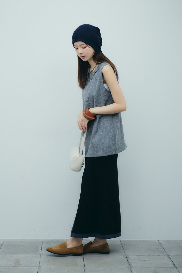 [予約/SET]レイヤード風ノースリーブブラウス+リネンタッチ配色ホックスカート(2set)