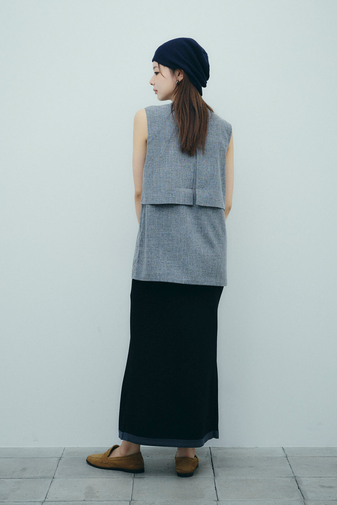 [予約/SET]レイヤード風ノースリーブブラウス+リネンタッチ配色ホックスカート(2set)