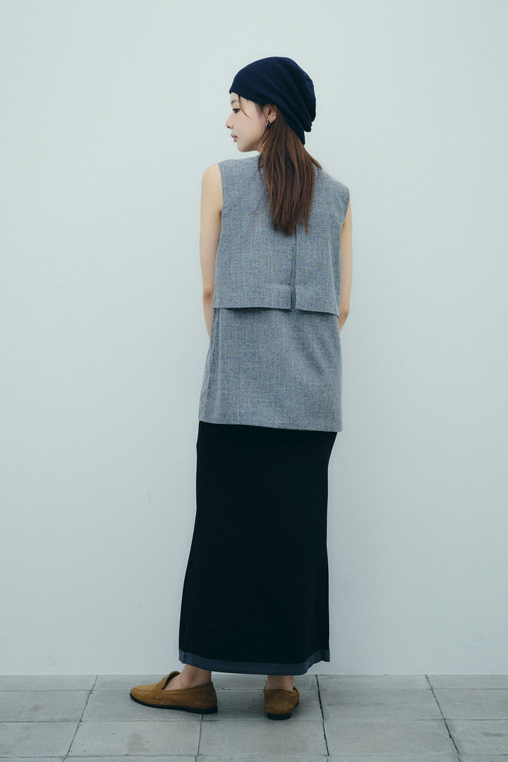 [予約/SET]レイヤード風ノースリーブブラウス+リネンタッチ配色ホックスカート(2set)
