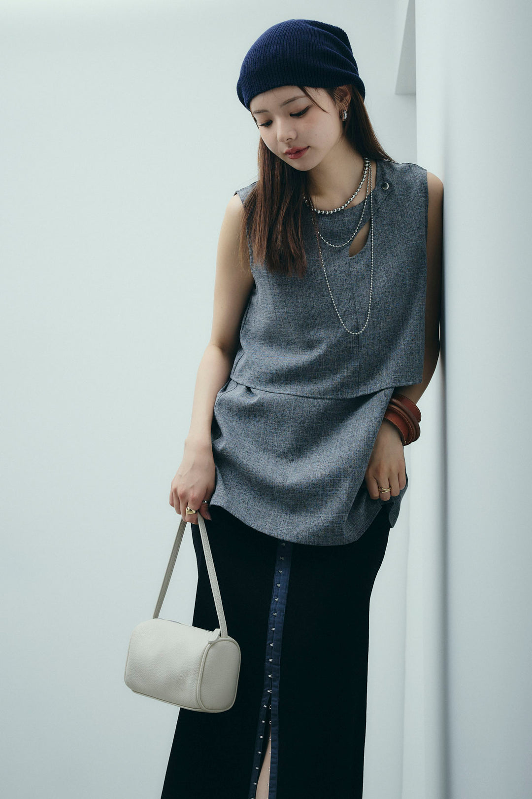 [予約/SET]レイヤード風ノースリーブブラウス+リネンタッチ配色ホックスカート(2set)