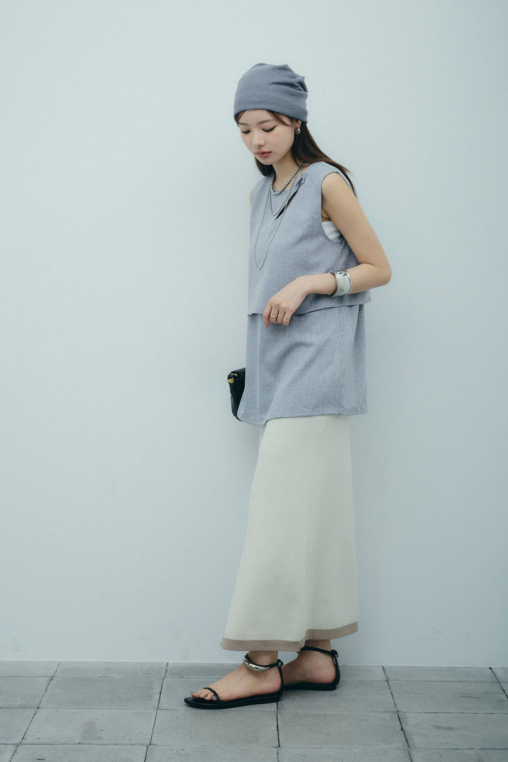 [予約/SET]レイヤード風ノースリーブブラウス+リネンタッチ配色ホックスカート(2set)