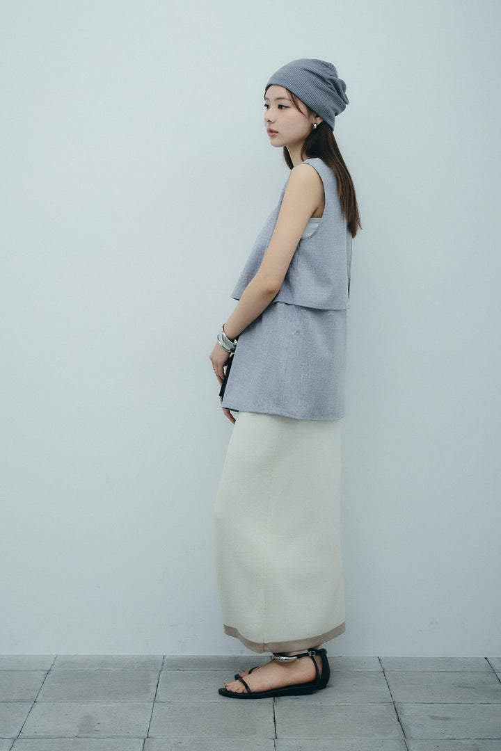 [予約/SET]レイヤード風ノースリーブブラウス+リネンタッチ配色ホックスカート(2set)