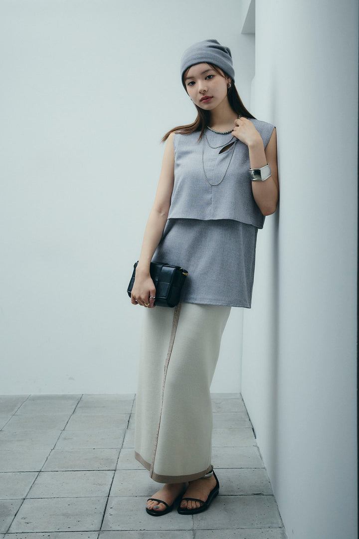 [予約/SET]レイヤード風ノースリーブブラウス+リネンタッチ配色ホックスカート(2set)