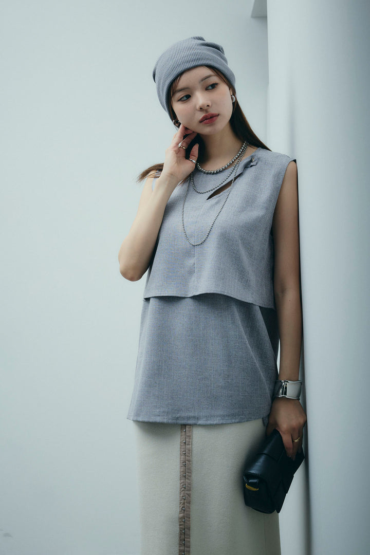 [予約/SET]レイヤード風ノースリーブブラウス+リネンタッチ配色ホックスカート(2set)