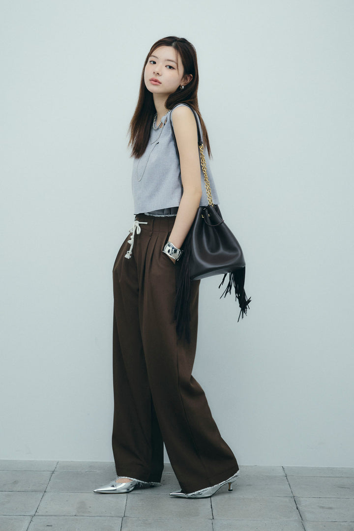 [予約/SET]レイヤード風ノースリーブブラウス+裾切りっぱなしデザインパンツ(2set)