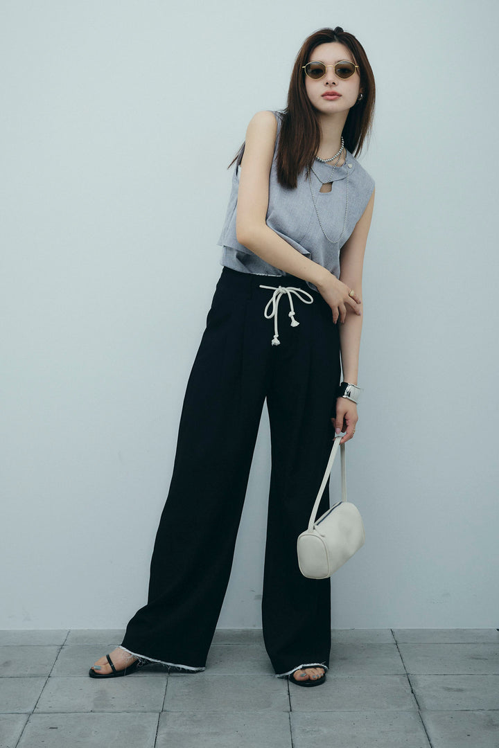 [予約/SET]レイヤード風ノースリーブブラウス+裾切りっぱなしデザインパンツ(2set)