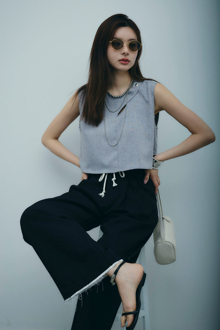 [予約/SET]レイヤード風ノースリーブブラウス+裾切りっぱなしデザインパンツ(2set)