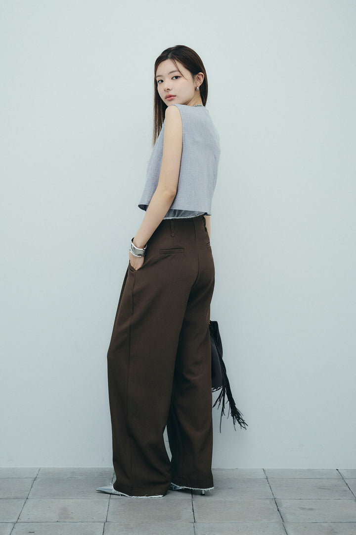 [予約/SET]レイヤード風ノースリーブブラウス+裾切りっぱなしデザインパンツ(2set)