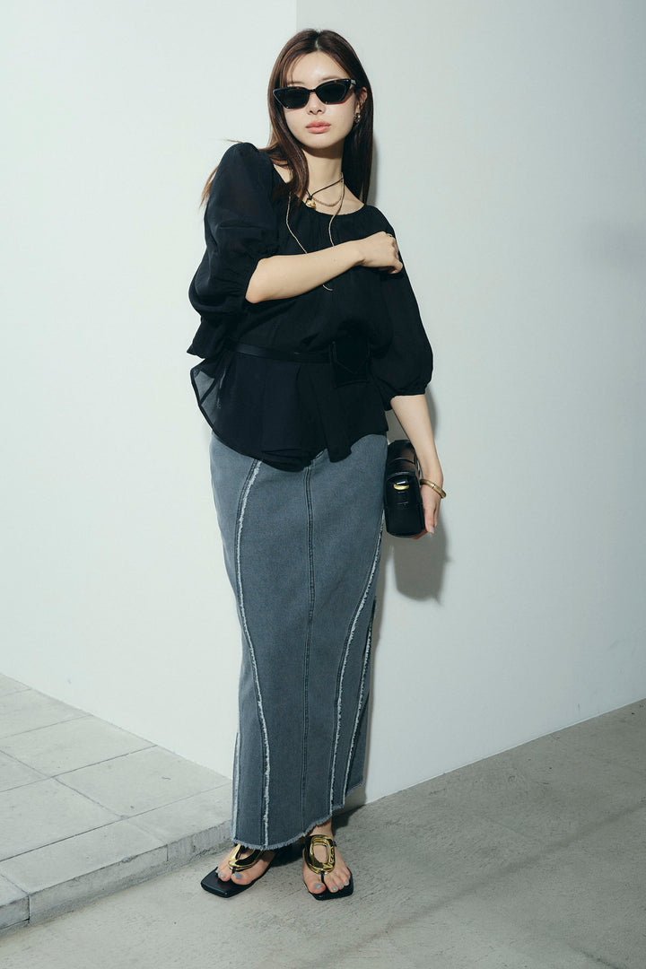 [予約/SET]袖ボリュームシャーリングBL+フリンジウェーブデニムスカート(2set)