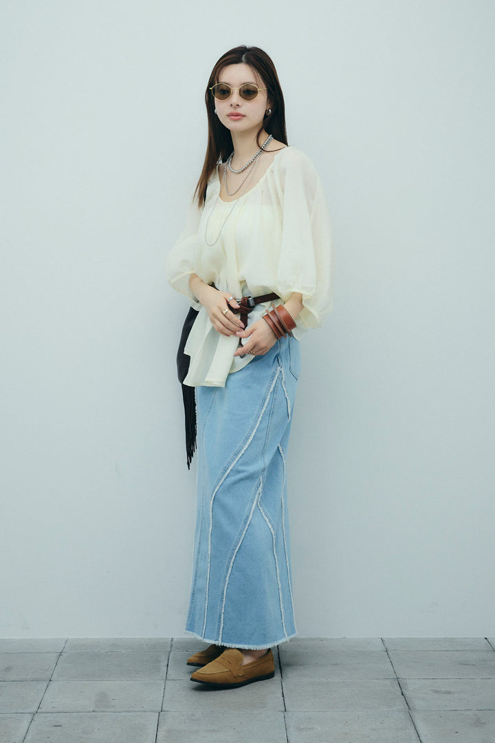 [予約/SET]袖ボリュームシャーリングBL+フリンジウェーブデニムスカート(2set)