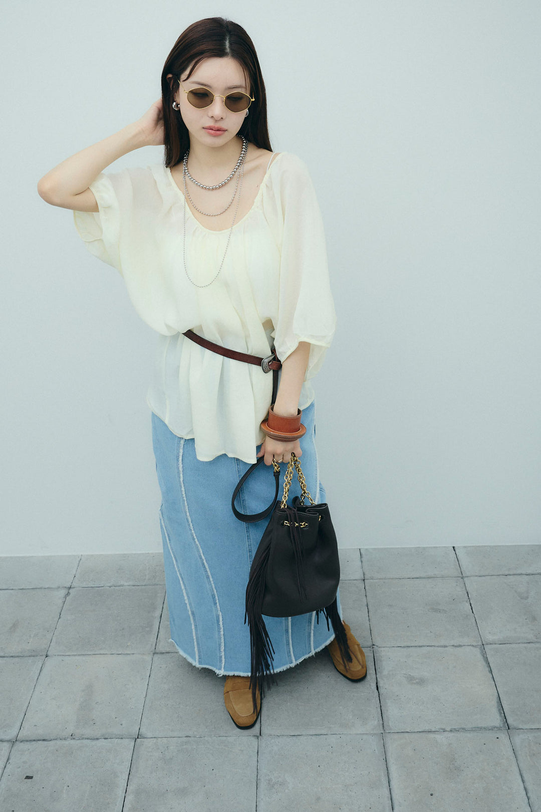 [予約/SET]袖ボリュームシャーリングBL+フリンジウェーブデニムスカート(2set)