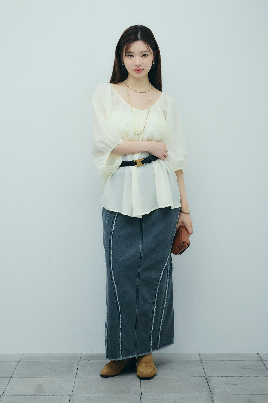 [予約/SET]袖ボリュームシャーリングBL+フリンジウェーブデニムスカート(2set)