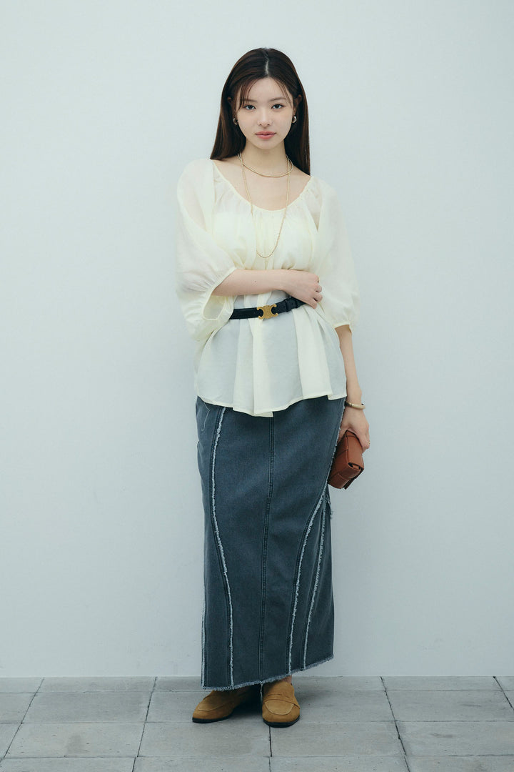 [予約/SET]袖ボリュームシャーリングBL+フリンジウェーブデニムスカート(2set)