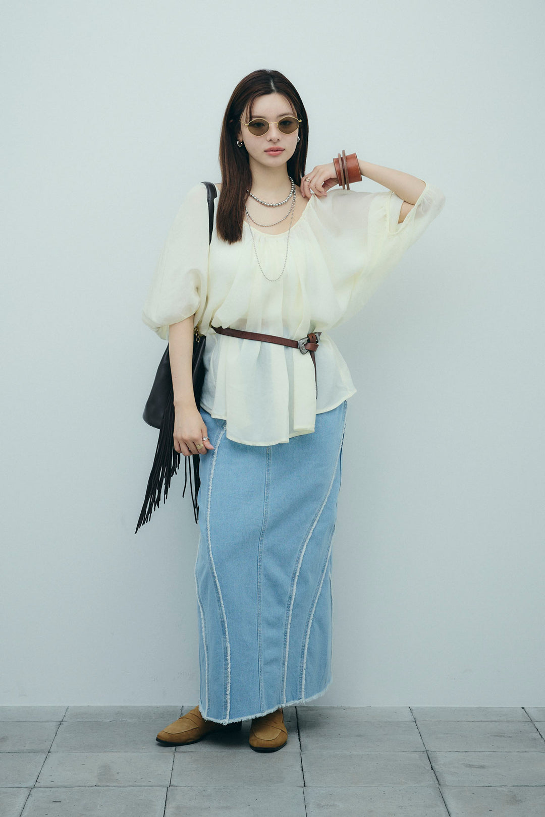 [予約/SET]袖ボリュームシャーリングBL+フリンジウェーブデニムスカート(2set)