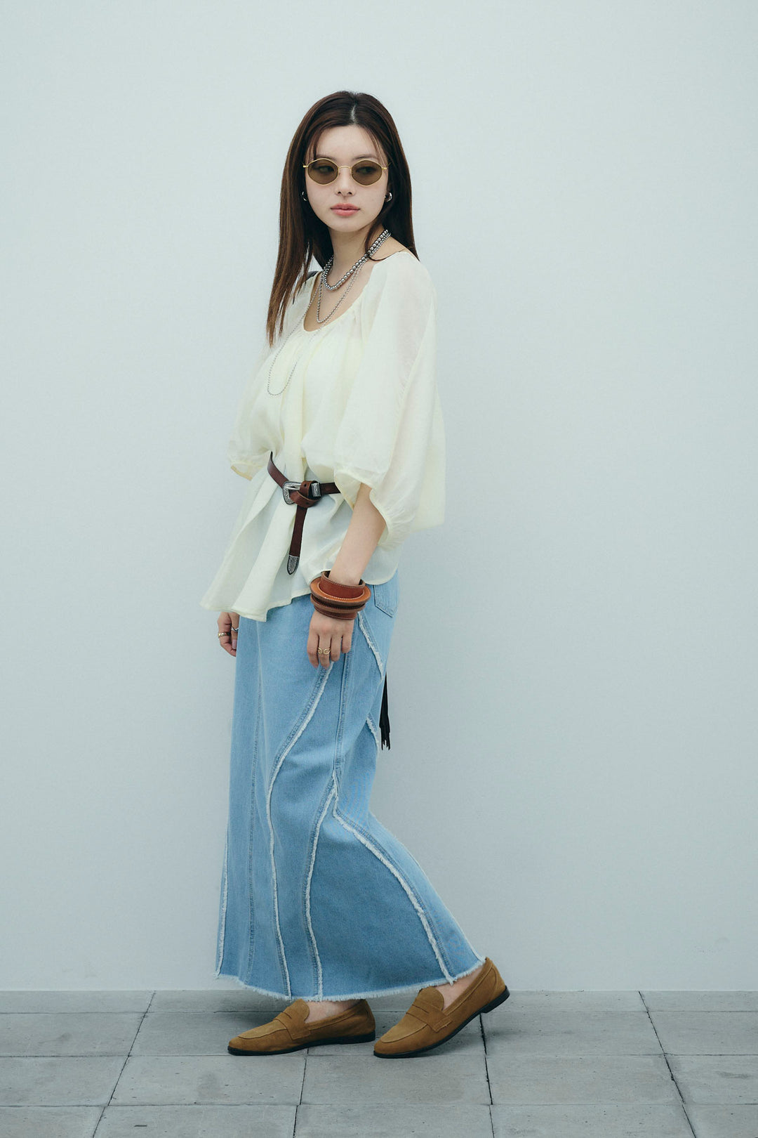 [予約/SET]袖ボリュームシャーリングBL+フリンジウェーブデニムスカート(2set)