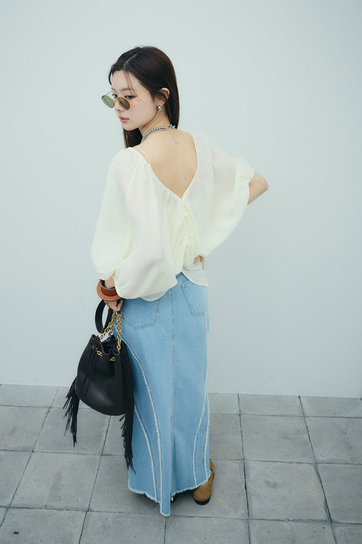 [予約/SET]袖ボリュームシャーリングBL+フリンジウェーブデニムスカート(2set)