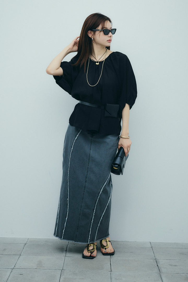 [予約/SET]袖ボリュームシャーリングBL+フリンジウェーブデニムスカート(2set)