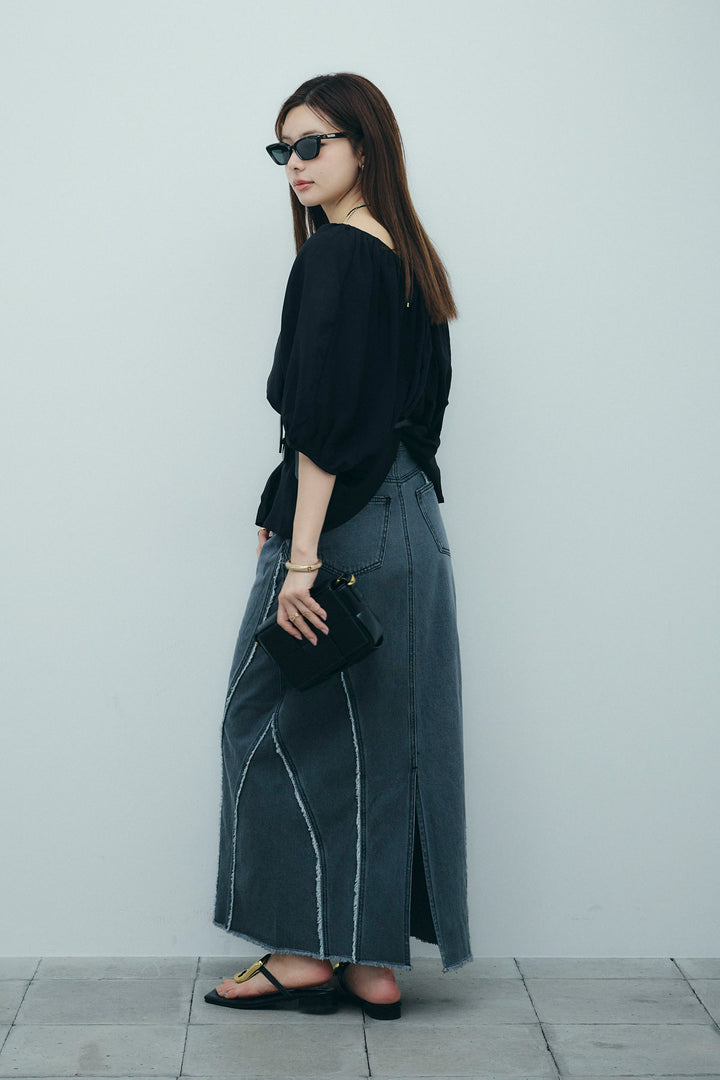 [予約/SET]袖ボリュームシャーリングBL+フリンジウェーブデニムスカート(2set)