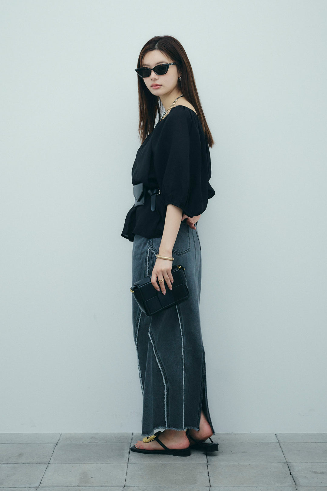 [予約/SET]袖ボリュームシャーリングBL+フリンジウェーブデニムスカート(2set)