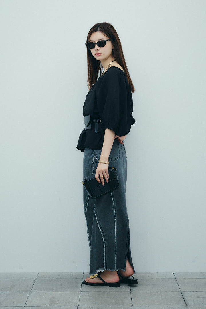 [予約/SET]袖ボリュームシャーリングBL+フリンジウェーブデニムスカート(2set)