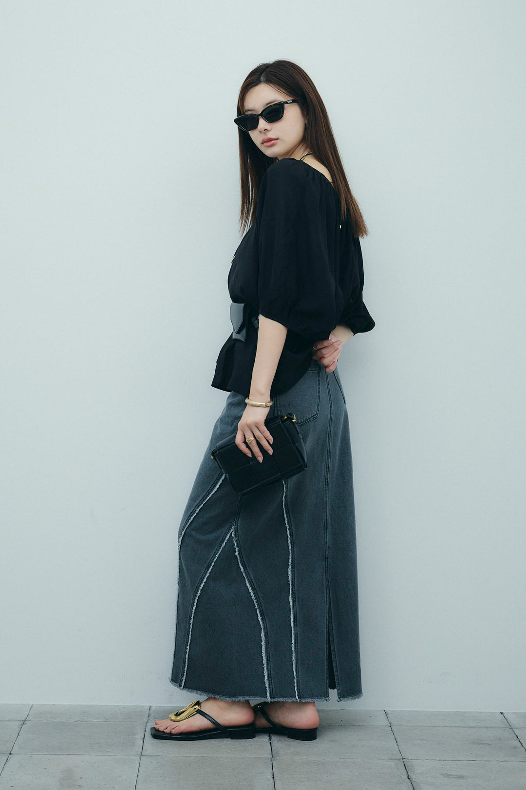 [予約/SET]袖ボリュームシャーリングBL+フリンジウェーブデニムスカート(2set)