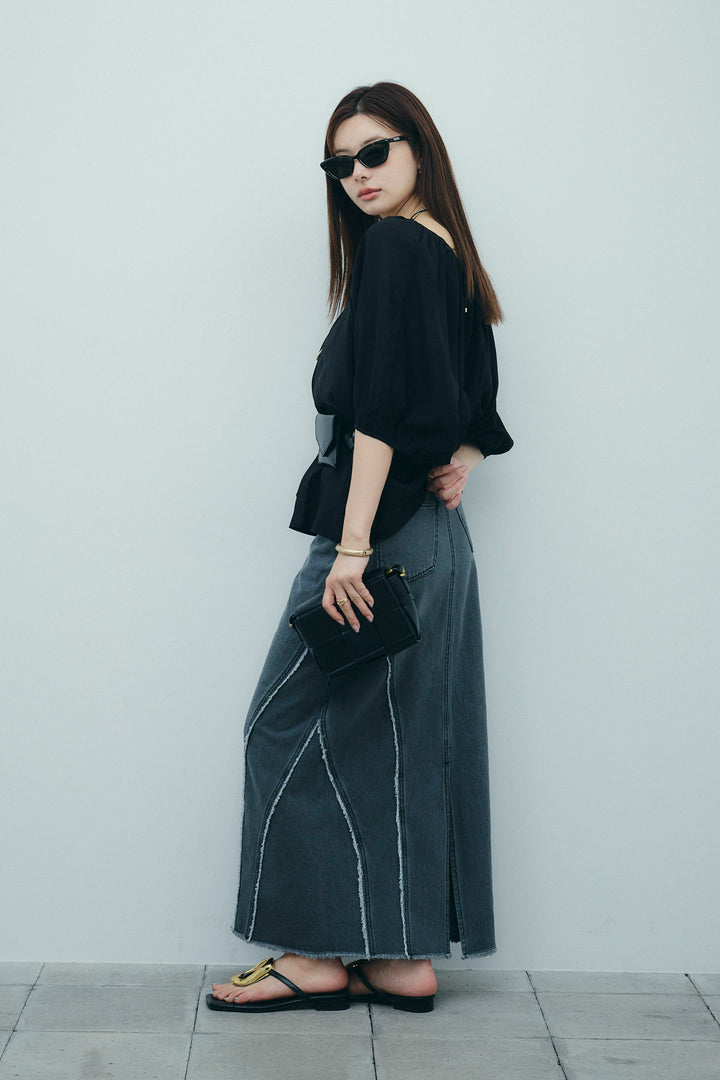 [予約/SET]袖ボリュームシャーリングBL+フリンジウェーブデニムスカート(2set)