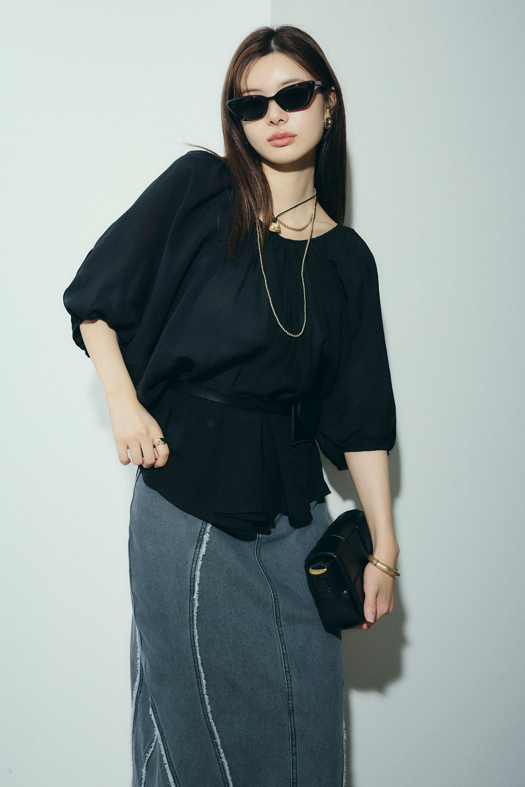 [予約/SET]袖ボリュームシャーリングBL+フリンジウェーブデニムスカート(2set)