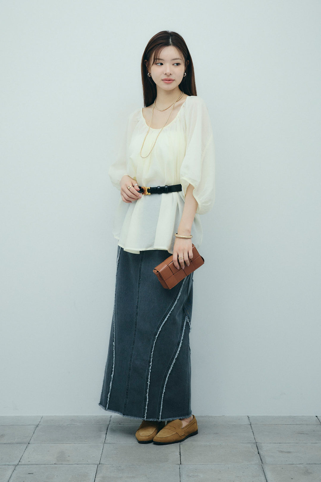 [予約/SET]袖ボリュームシャーリングBL+フリンジウェーブデニムスカート(2set)